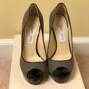 Jimmy Choo Crown Flannel/Patent Heels (size 35)